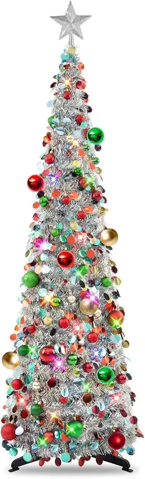 N&T NIETING Pop Up Silver Mix Tinsel Christmas Tree with Lights & 30 Balls, 5Ft Collapsible Skinny Christmas Tree for Holiday Xmas Home Office Decor
