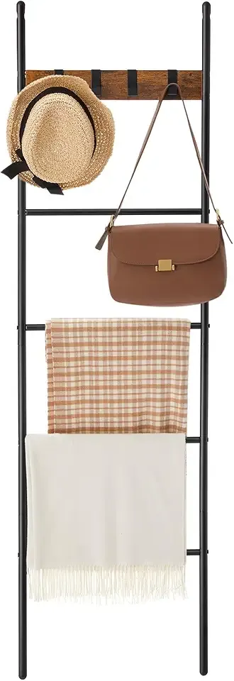 Blanket Ladder, 5-Tier Ladder Shelf, Decorative Ladder with 4 Removable Hooks, Metal Frame, Industrial Style, Rustic Brown and Black ULLS016B01