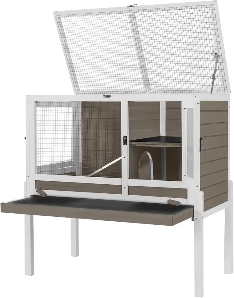 Aivituvin Guinea Pig Cages, Rabbit Hutch with Anti-Chew Frame, Bunny Cage with Cleaning Sliding Tray, 3 Openable Areas, Assemblable Legs, Ramp & Hideout Included - Brown