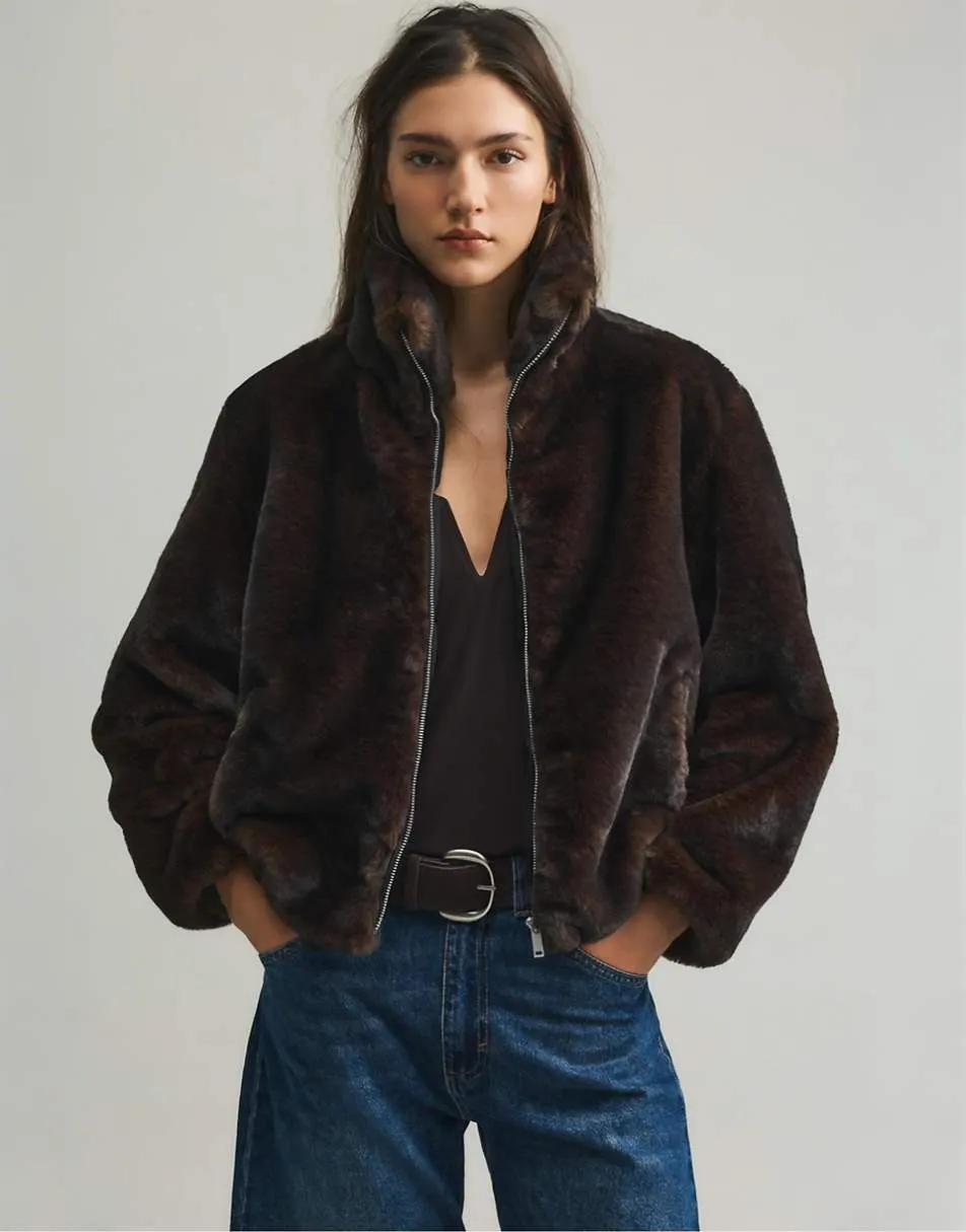 Pull&Bear Faux fur high neck jacket in brown