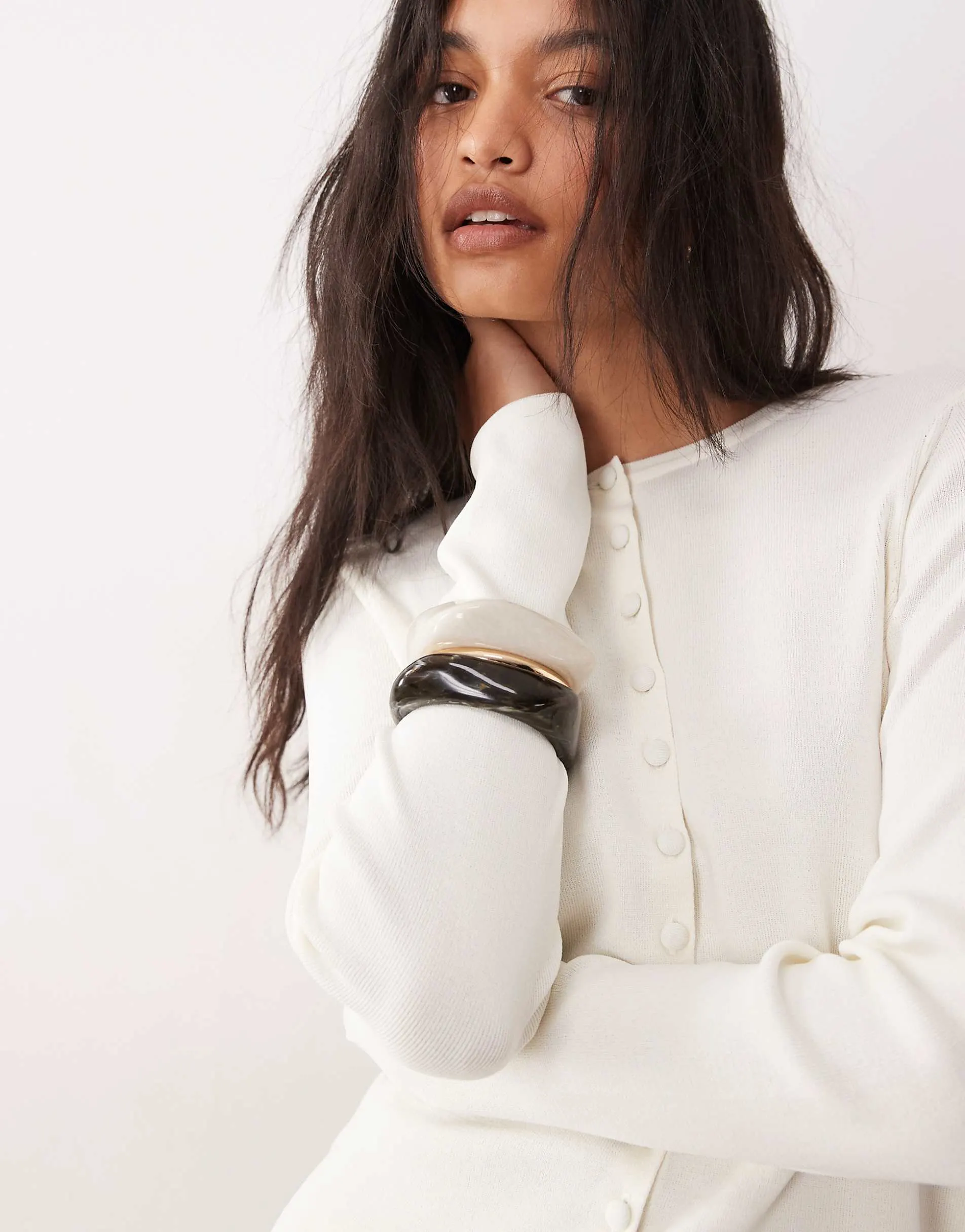 ASOS DESIGN compact crew neck cardigan with self covered buttons in cream