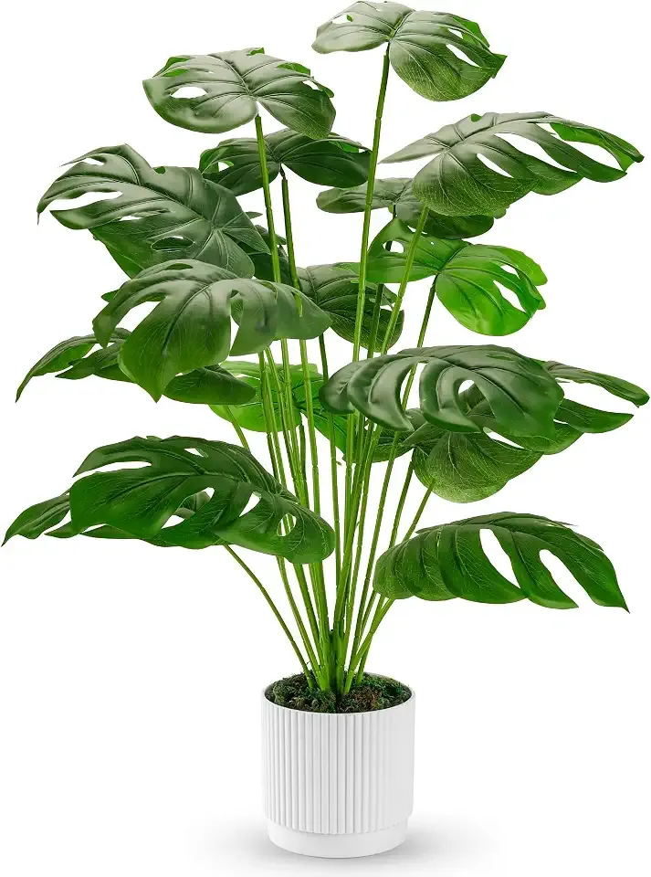Der Rose 28" Fake Plants, Artificial Monstera Plants Indoor in White Pot | Faux outdoor plants add bright, clean tropical greenery to modern home office, bedroom, entryway, front porch and house decor