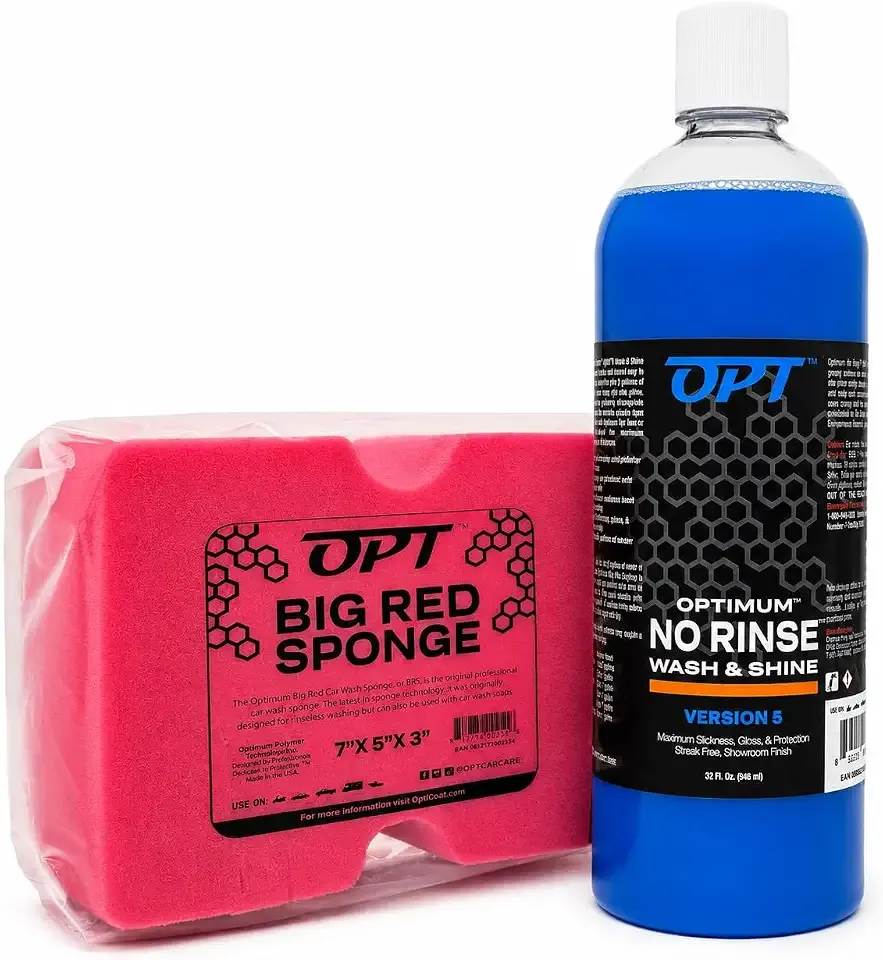 Optimum No Rinse Version 5 (32 Oz) and Big Red Sponge (BRS) Car Cleaning Kit, ONR Rinseless Car Wash and Wash Sponge for Washing and Auto Detailing