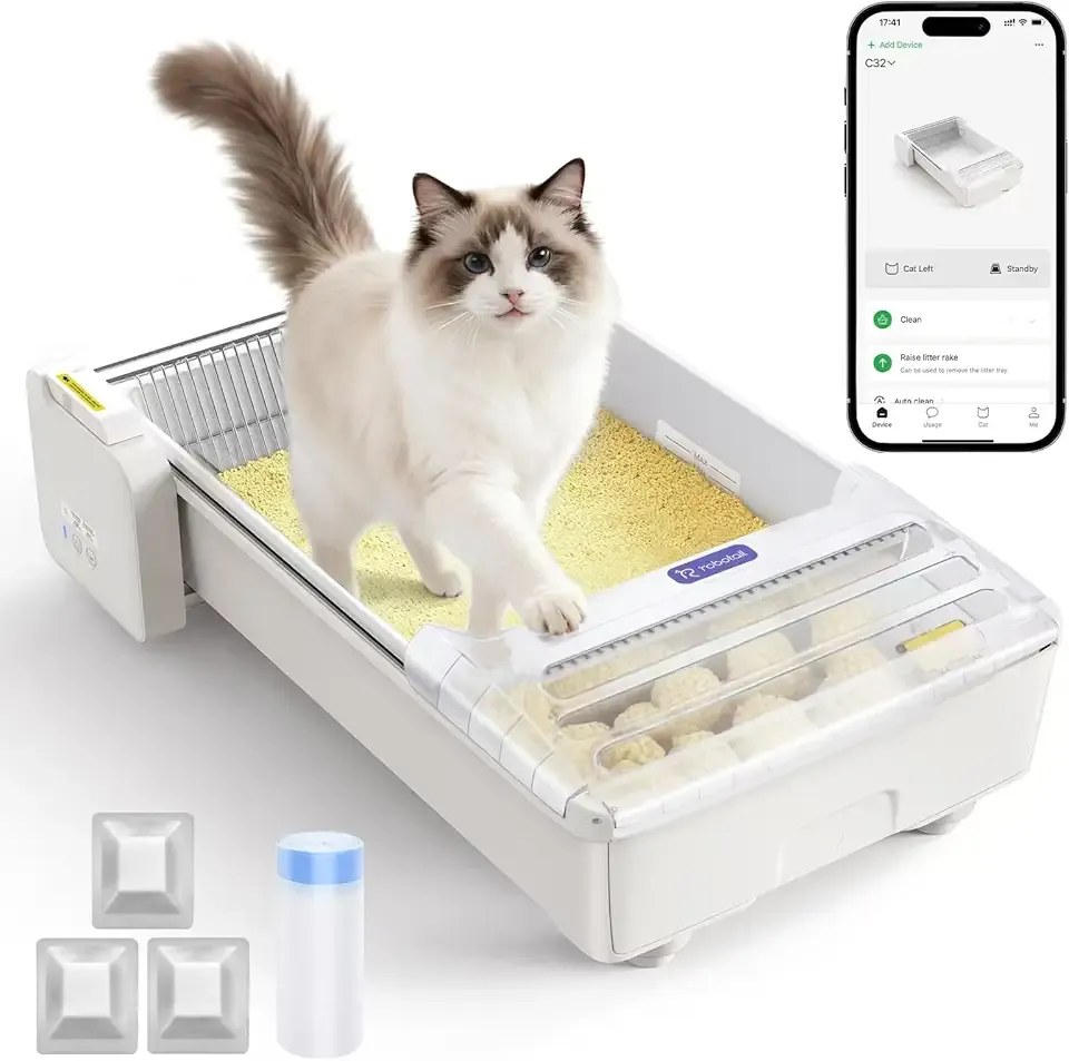 Robotail Automatic Litter Box, Self Cleaning Cat Litter Box with with Roomy Space, Fully Open Top Cat Box for Multi Cats,Work with Cassava Litter