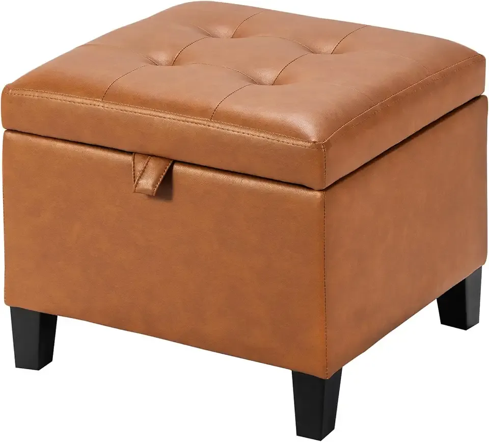 17 Inch Storage Ottoman Foot Rest,Square Faux Leather Foot Stool,Small Ottoman with Storage,Padded Seat for Entryway,Living Room,Bedroom,Couch,Under Desk,Cognac Brown