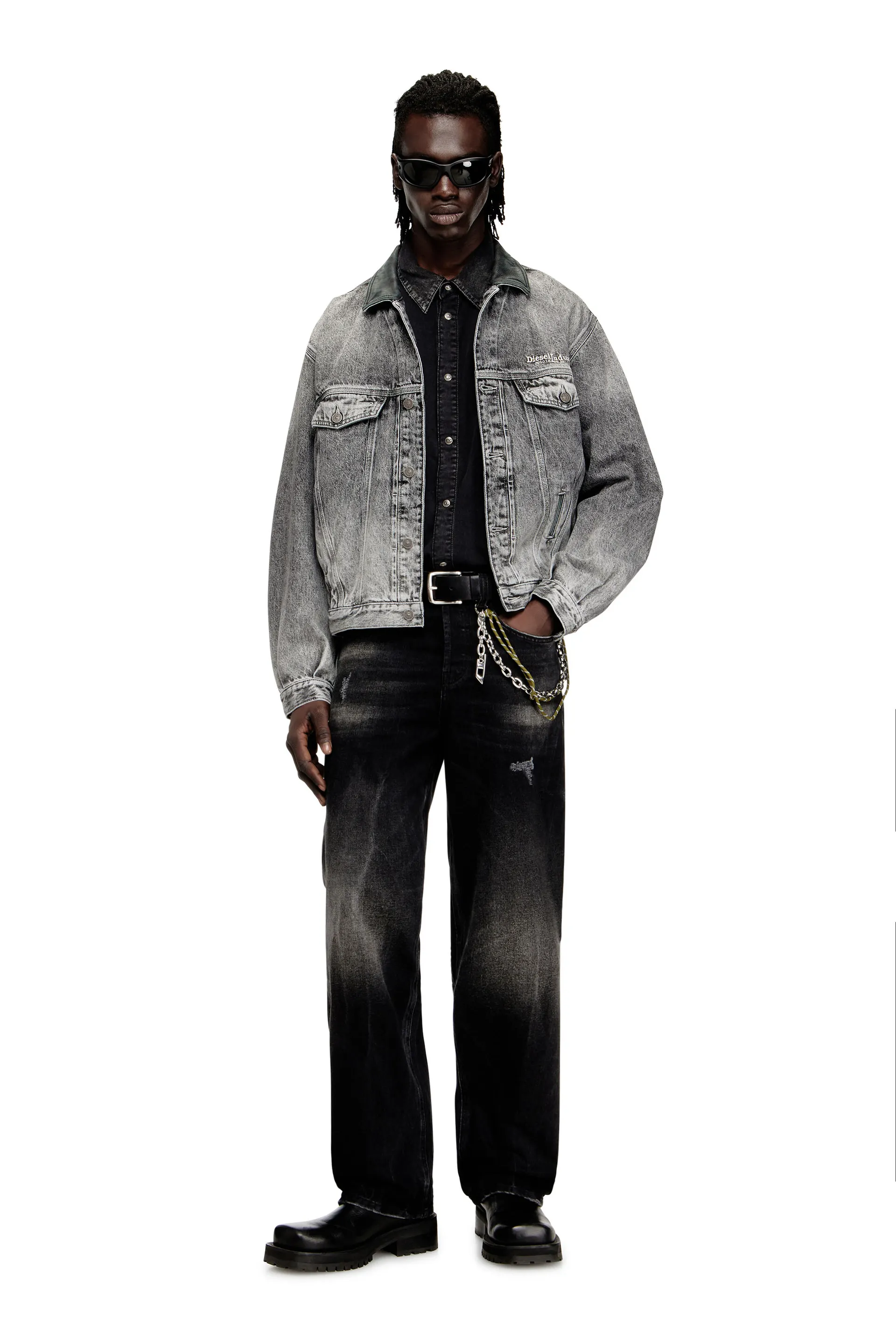 Denim trucker jacket with tonal leather trims
