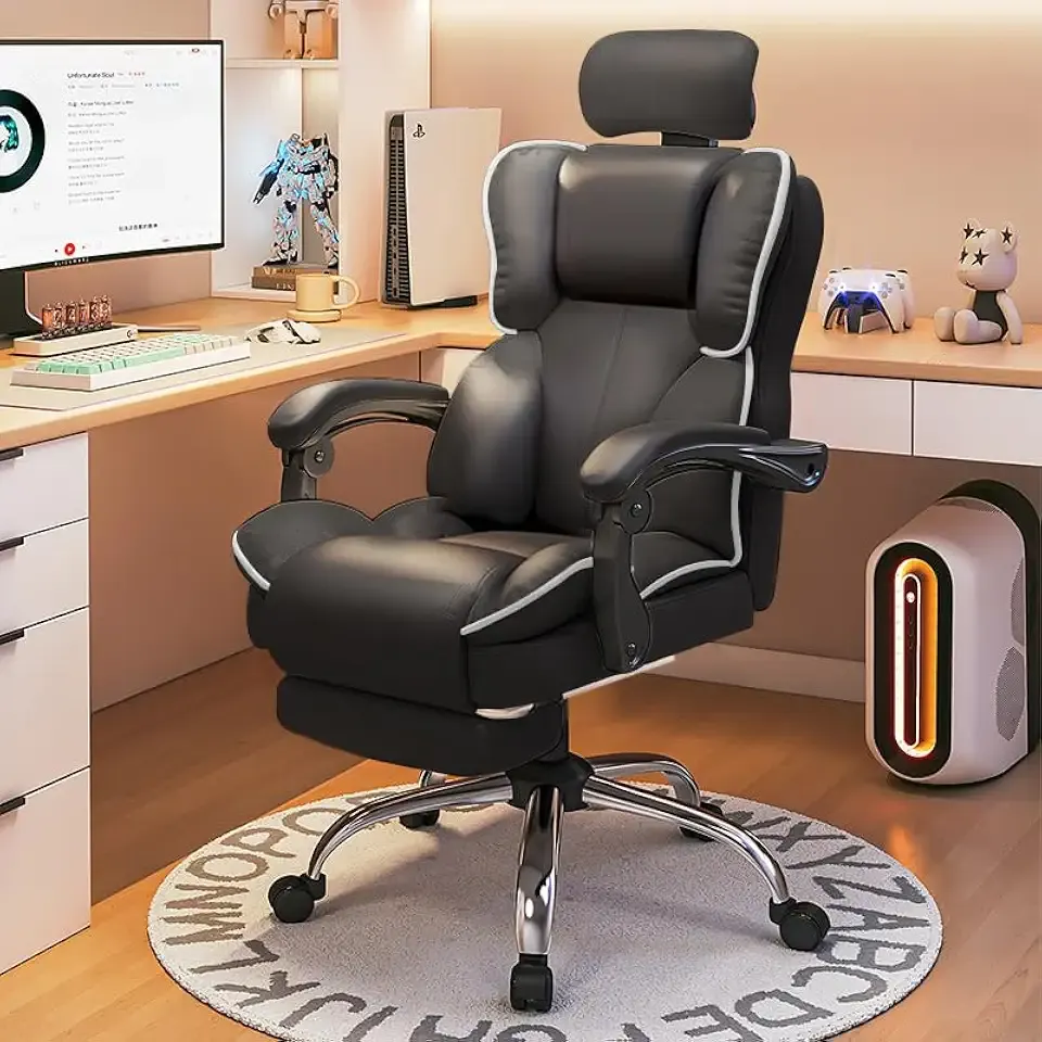 Office Chair Big and Tall Executive Desk Chair with Leg Rest, Adjustable Height Computer Gaming Chair with Headrest for Home Office, Black