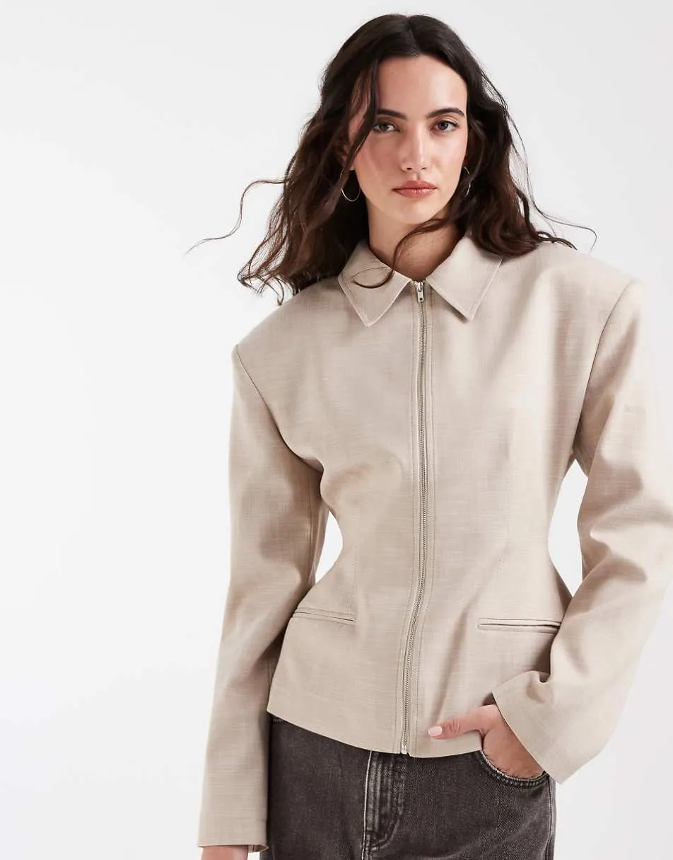 ASOS DESIGN linen look cinch waist zip through jacket in