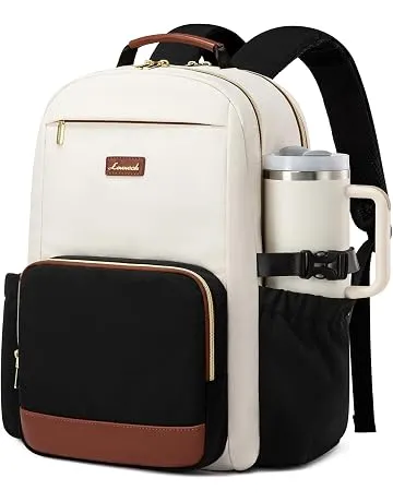 LOVEVOOK Laptop Backpack for Women with Pouch Pocket for Large Capacity Cup,15.6 Inch Laptop Computer Bag Travel Backpack Purse,Waterproof Work Business Backpack College Teacher Bags,Beige-Black-Brown
