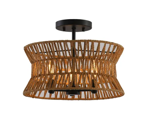 Patriot Lighting® Cinch Matte Black and Natural 3-Light Semi-Flush Mount Ceiling Light