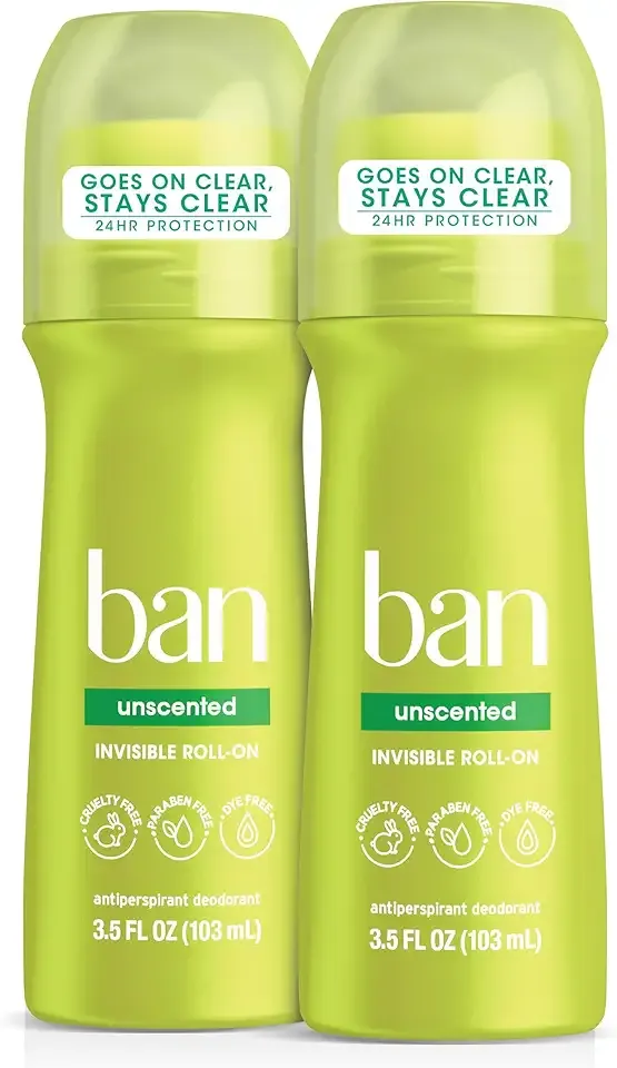Ban Invisible Roll-on Antiperspirant Deodorant for Women and Men, 24-hour Underarm Odor & Sweat Protection, Unscented, 3.5 Oz, Pack of 2