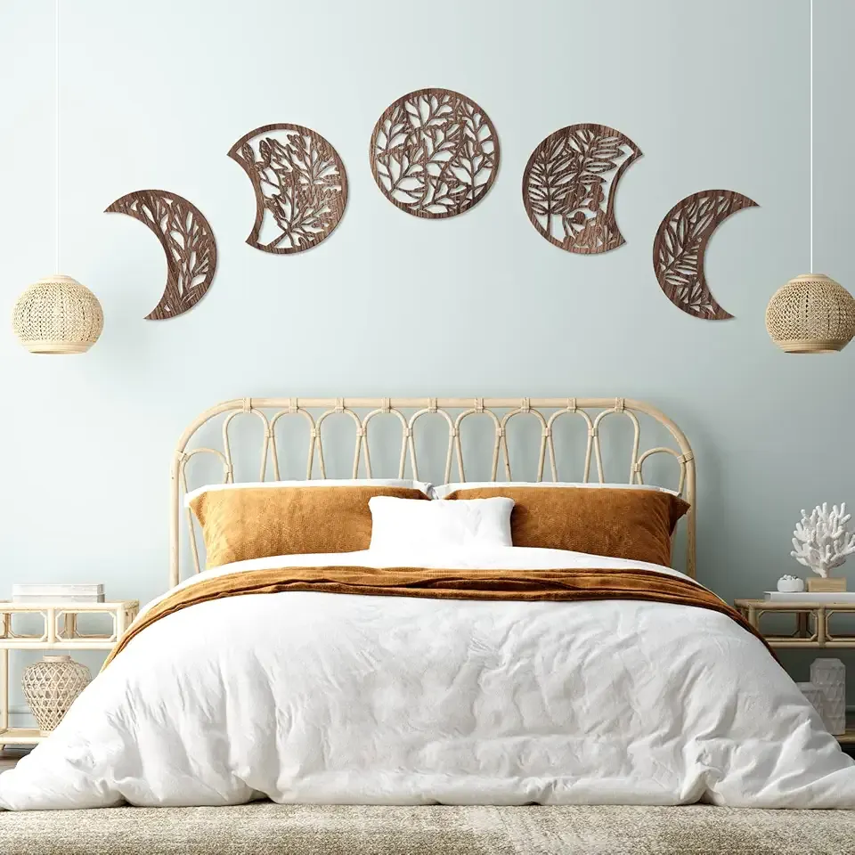 Jetec 5 Pcs Moon Phase Wall Art Decor Wall Pediments Hanging Wooden Moon Phase Spiritual Bedroom Nordic Boho Lunar Aesthetic Art for Living Room Dorm Apartment Bar Ornament(Brown,10.6 Inch)
