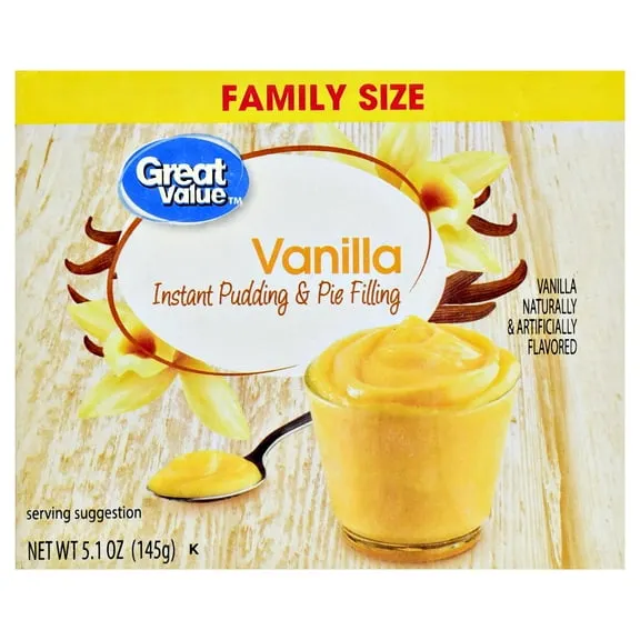 Great Value Vanilla Instant Pudding and Pie Filling, Family Size, 5.1 oz Carton $1.48 29.0 ¢/oz