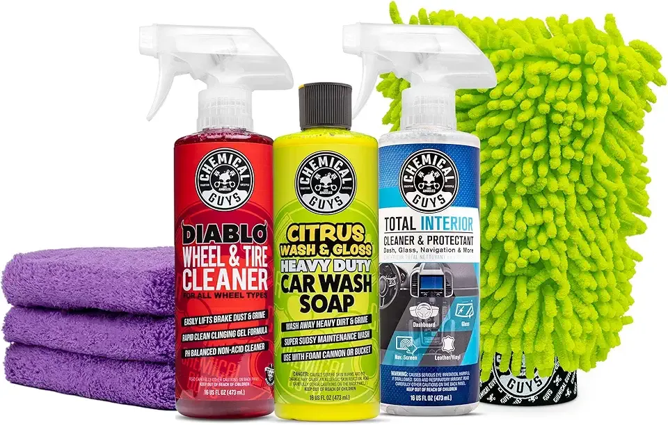 Chemical Guys Car Cleaning Kit - With Car Wash Soap, Wheel Cleaner, Total Interior, Car Wash Mitt - Interior and Exterior Wash Kit With Vehicle Cleaning and Detailing Accessories - 7 Item Kit