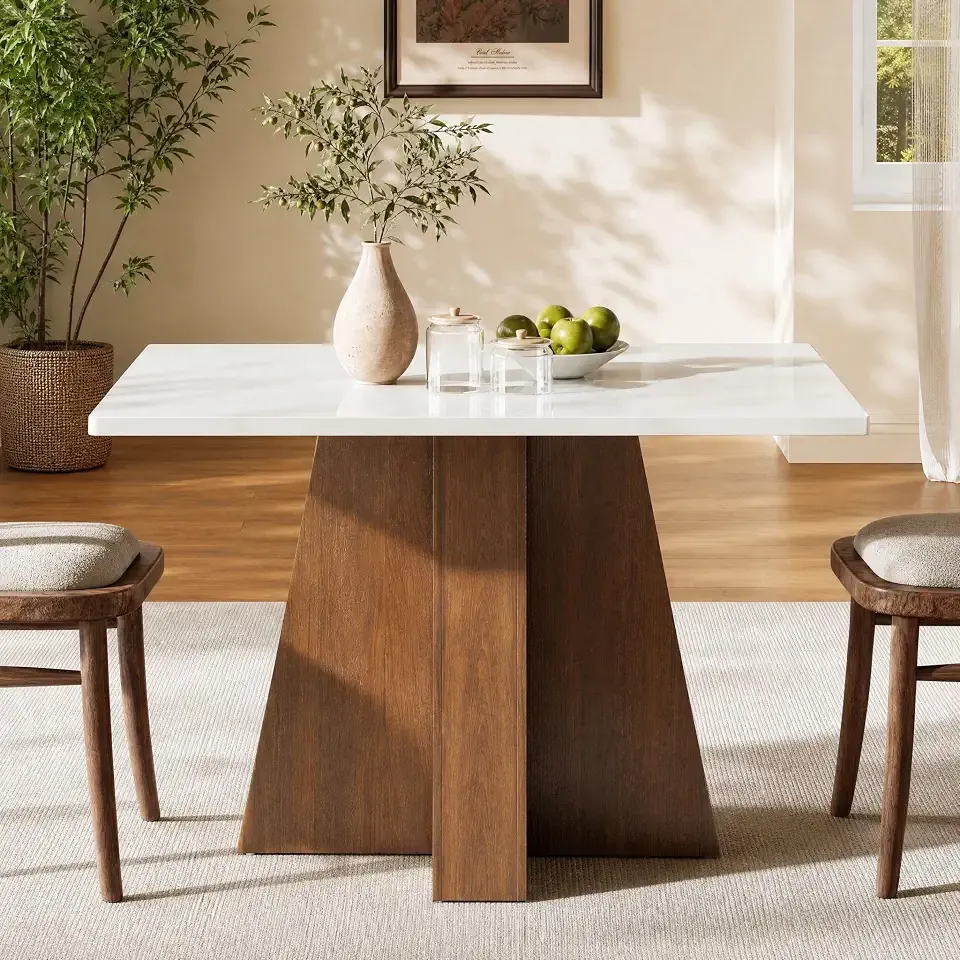 47" Modern White Dining Table, Rectangular Kitchen Table with Walnut Wood Base, Wooden Eating Table for 4-6, Dining Room Table for Home, Kitchen, Small Space
