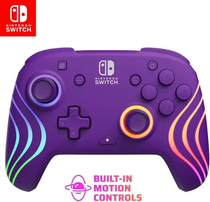 PDP Gaming Afterglow Wave Wireless Nintendo Switch Pro Controller - Officially Licensed, Nintendo Switch 2, Switch Lite/OLED, RGB LED Customization, App Controls, Rechargeable Battery Power - Purple