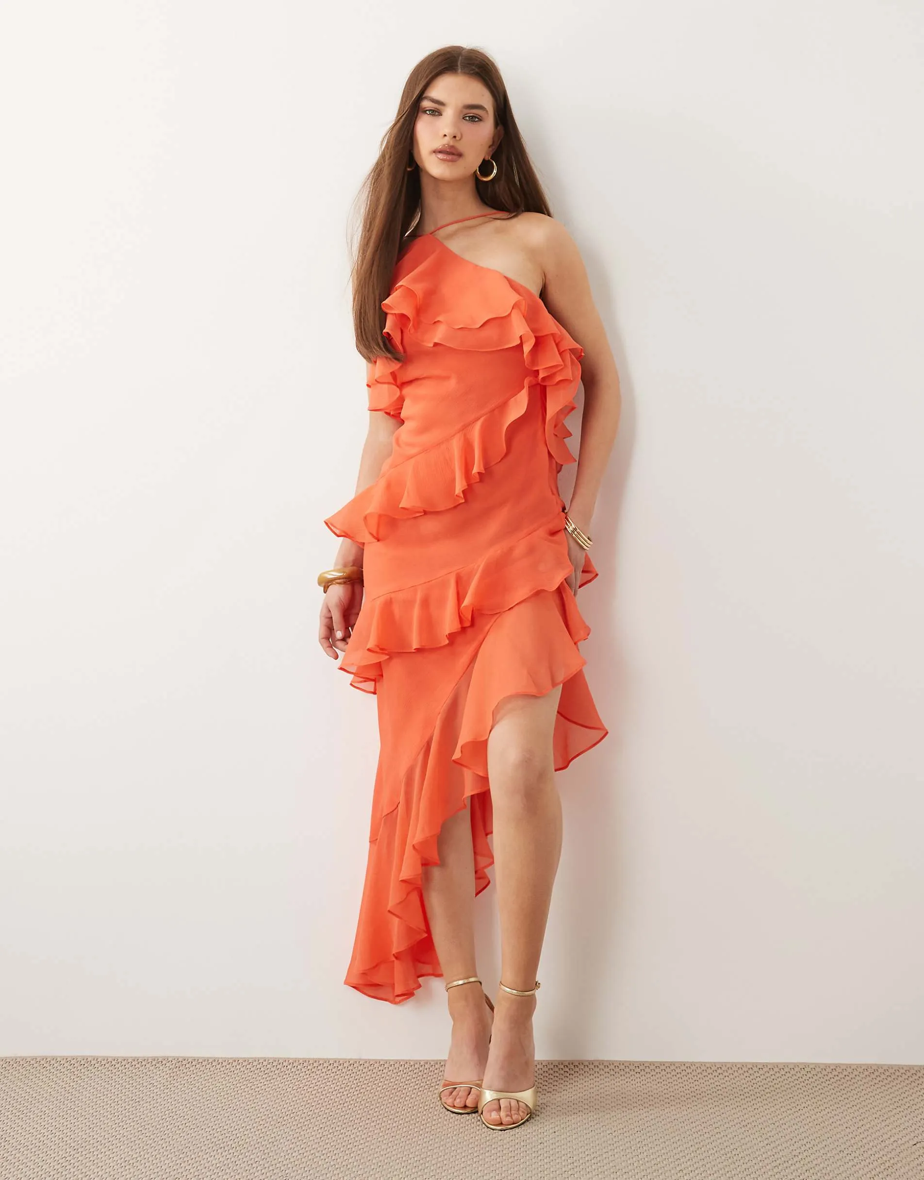 ASOS DESIGN ruffle halter maxi dress in hot coral
