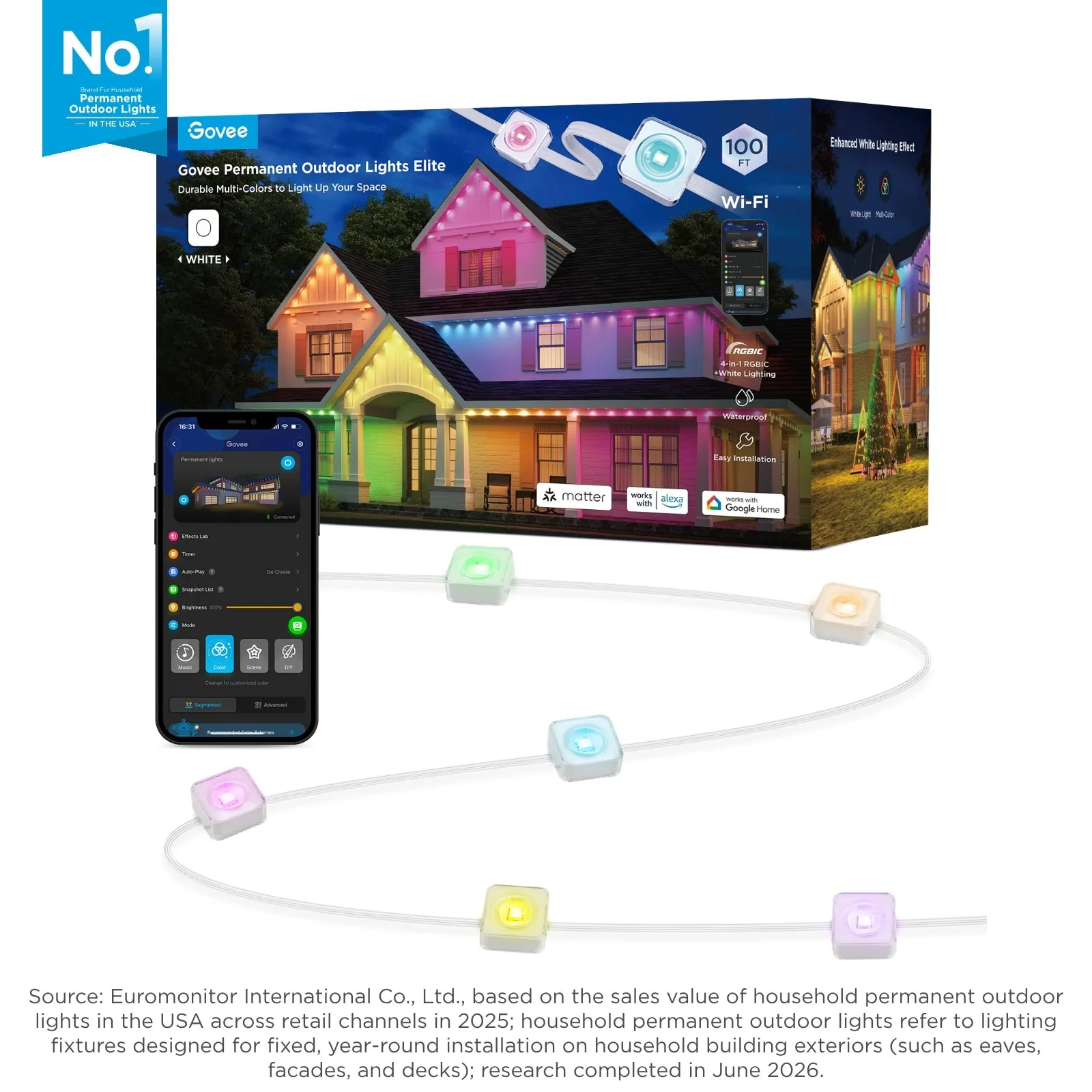 100-ft Plug in White Indoor String Light with Color changing -Light LED Mini Bulbs Bluetooth and Wi-Fi Compatibility