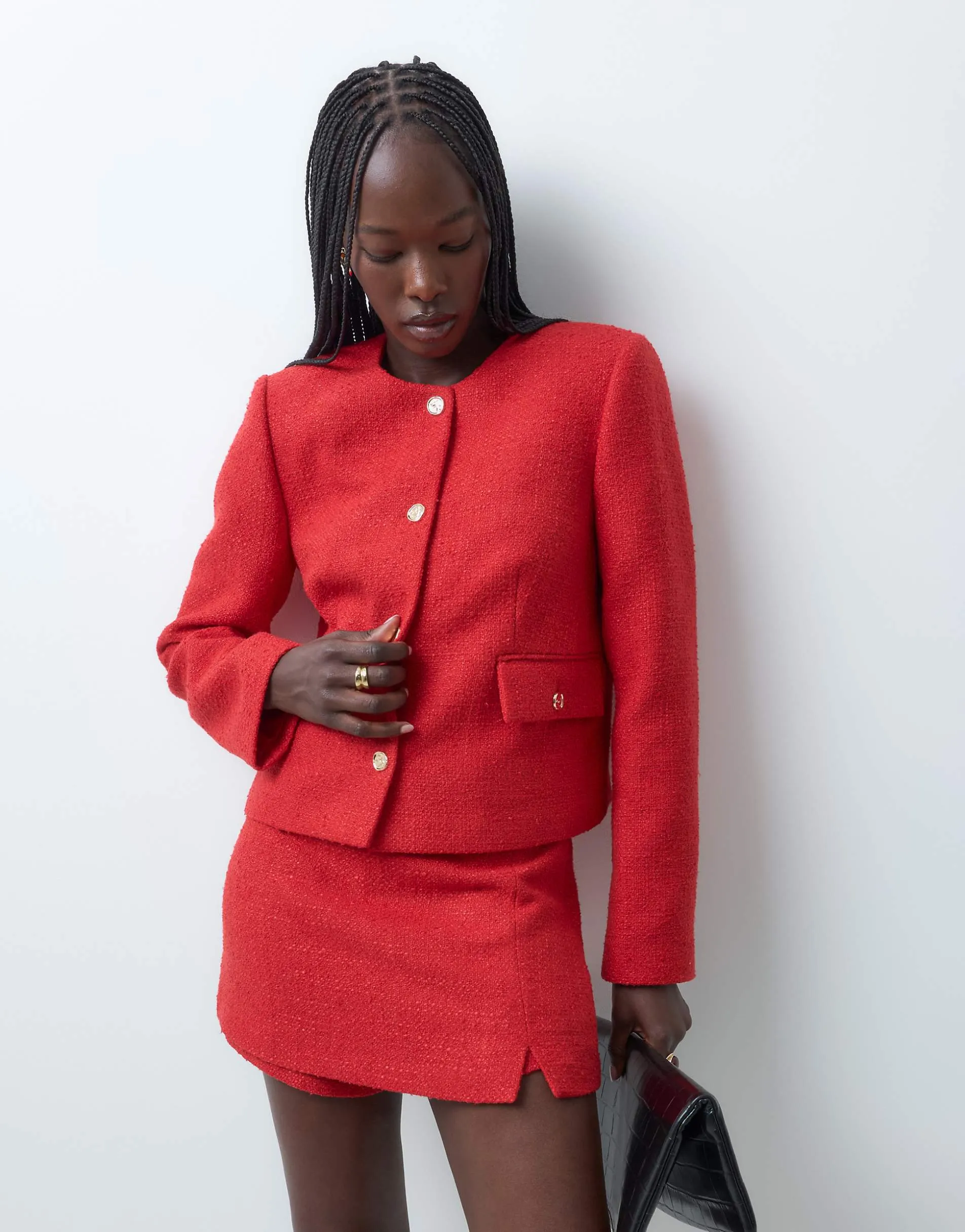 ASOS DESIGN tailored high neck blazer with gold buttons in red
