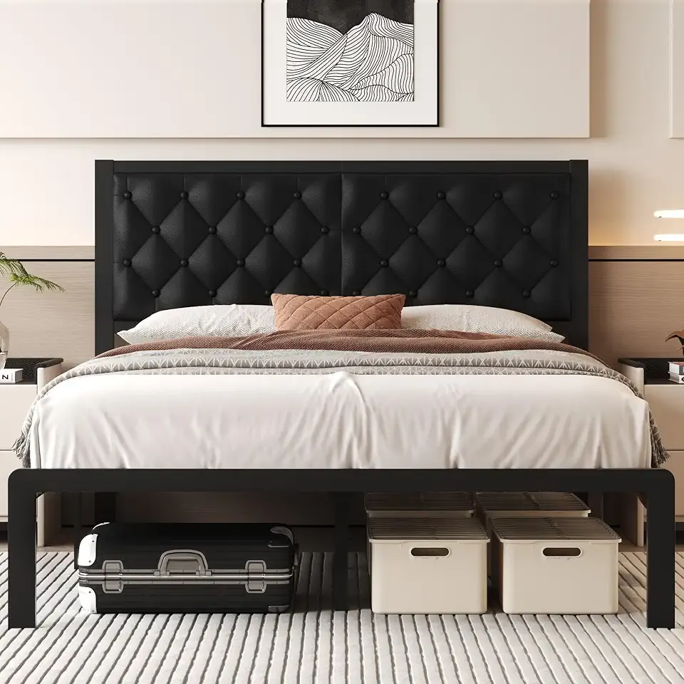 Fluest Queen Bed Frame with Headboard PU Leather Upholstered Bed Frame Platform,All Metal Slats Support Platform Bed Frame with Storage Space,Easy Assembly,Noise Free,No Box Spring Needed,Black