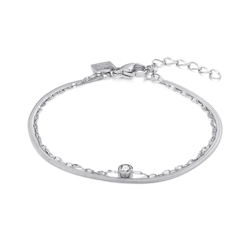 Armband in edelstaal, dubbele ketting, ovale schakels met 1 zirkonia, platte slang