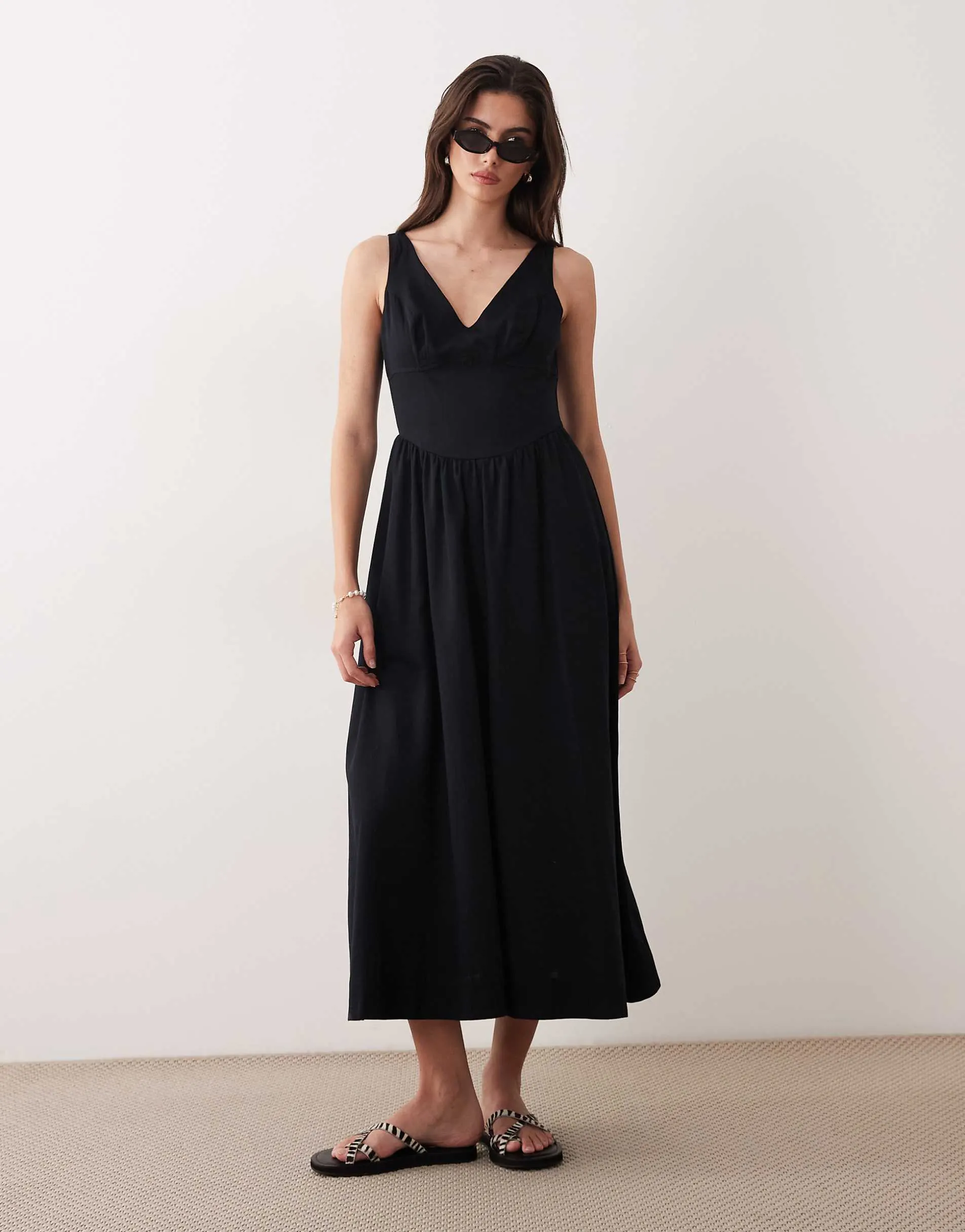 ASOS DESIGN waisted v neck maxi dress with seaming details in black