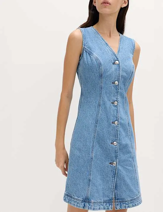 Denim V-Neck Button Through Mini Shift Dress