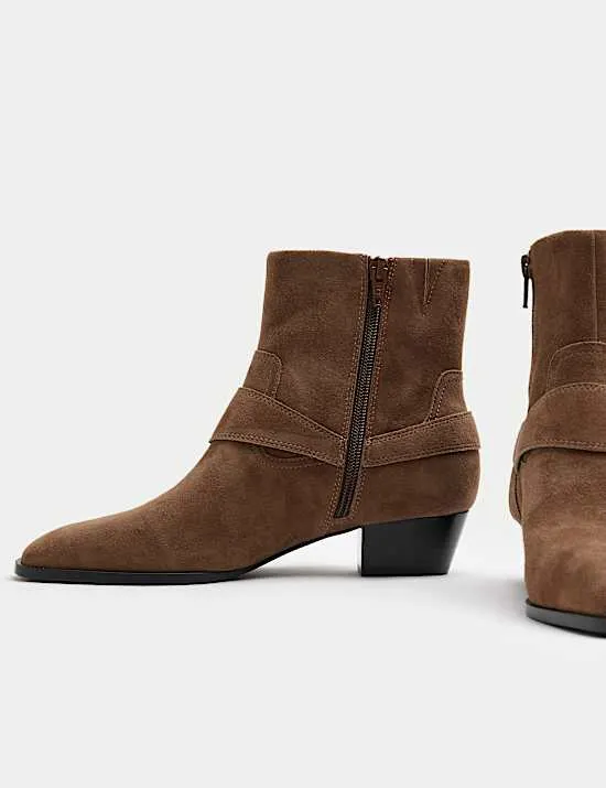 Suede Harness Block Heel Pointed Ankle Boots
