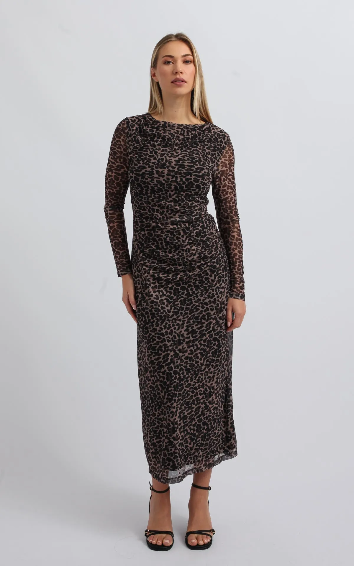 Printed Mesh LS Ruched Midi Dress
