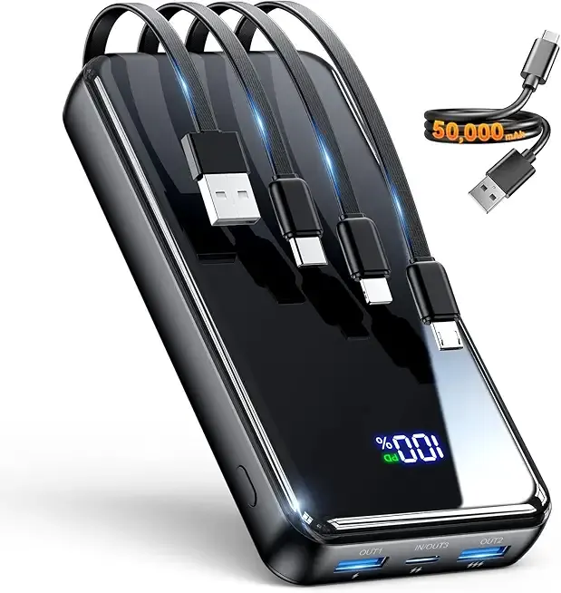 Portable Charger,50000mAh Power Bank Built-in Cable, 22.5W PD USB C In & Out Fast Charging, External Battery Pack with 6 Output & 2 Input, Travel Phone Charger for iPhone 17/16/15/14/13/12(Black)