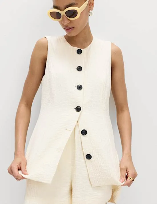 Cotton Blend Textured Longline Waistcoat