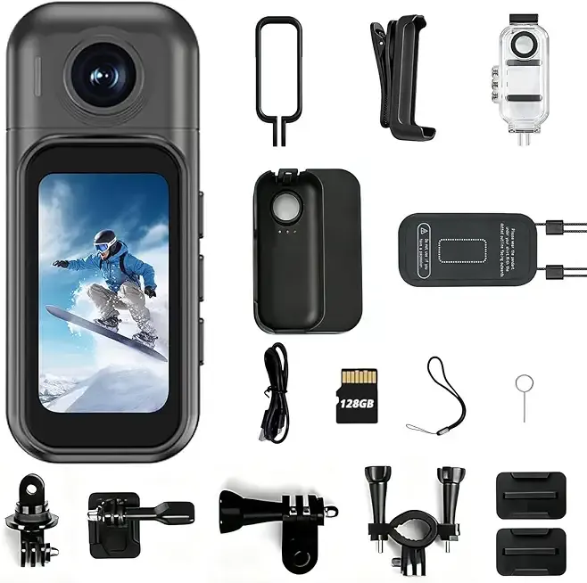 Mini Body Camera 64GB, 1080P HD Wearable Action/Security Cam, Dual Touch Screens, 154° Wide Angle, App Remote Live Stream, Magnetic Pendant, Back Clip, Waterproof Case, USB Cable (Bicycle accessories)