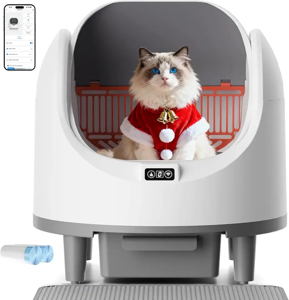 Bashaw Self Cleaning Litter Box, Large Capacity Automatic Litter Box for Multiple Cats, App Control, Safety Sensors, Litter Mat & 2 Rolls of Garbage Bags (White)