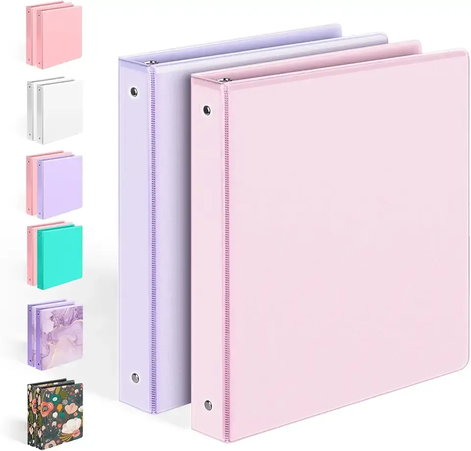2 Pack BinderX Extra Durable 3 Ring Binder, 1 Inch Binder Round Rings, Fits 350 Sheets of 8.5x11 Paper, Customizable View Cover with Inside Pockets, Cute 1 Inch Binders 3 Ring, Pink & Purple