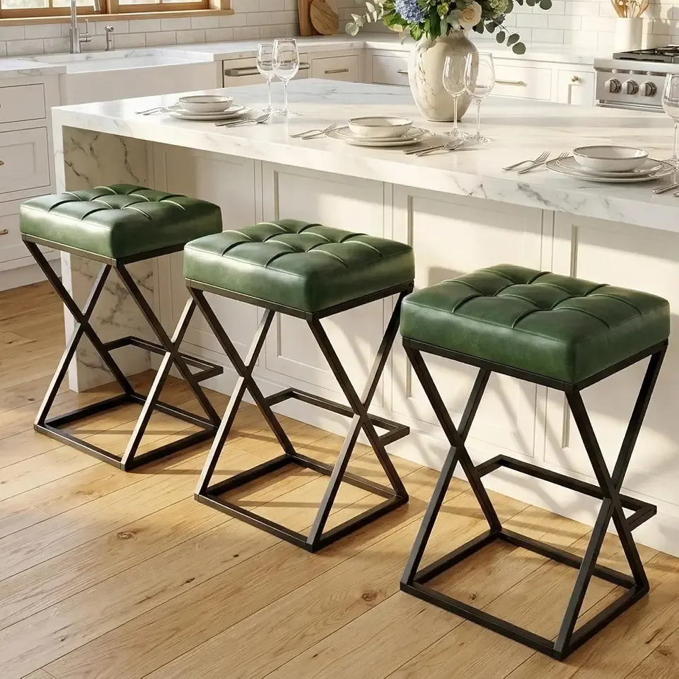 Bar Stools Set of 3, 26" Counter Height Bar Stools with Upholstered Backless Leather Seat, X-Frame Metal Legs & Footrest, Modern Bar Height Stools for Kitchen Island Dining Room Green