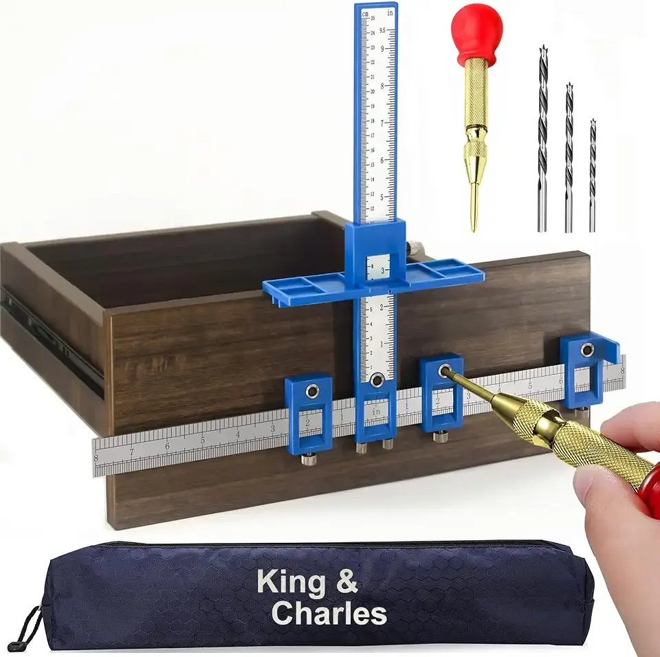 King&Charles Cabinet Hardware Jig&Auto Center Punch&Point Drill Bits | For Handle Knob Pull on Drawer/Door, Wood Drilling Dowelling Guide Set. Cabinet Handle Jig
