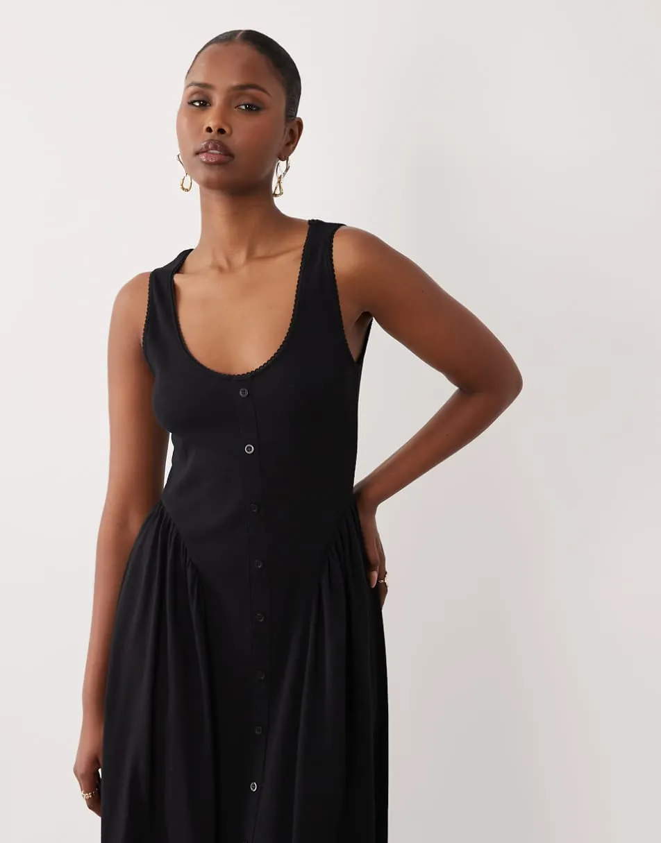 ASOS DESIGN button down picot trim midi dress in black