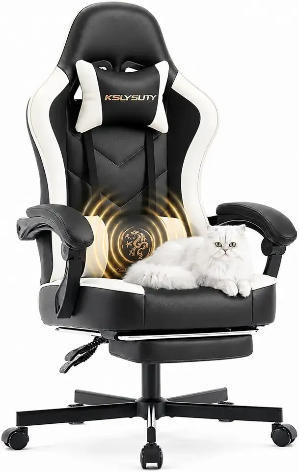 Desk Computer Gaming Chair - High Back Ergonomic Office Chair with Footrest and Lumbar Support, Swivel Comfy Home Gamer Video Game Chairs with Pocket Spring Cushion for Adults (White Leather)