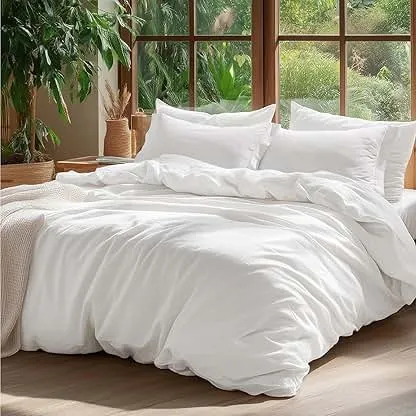Bedsure 100% Washed Cotton Duvet Cover Queen Size - Natural White Minimalist Cotton Duvet Cover Linen Like for All Seasons - GentleSoft™ Plain Simple Bedding (Natural White, Queen, 90"x90") Bedsure 100% Washed Cotton Duvet Cover Queen Size - Nat…