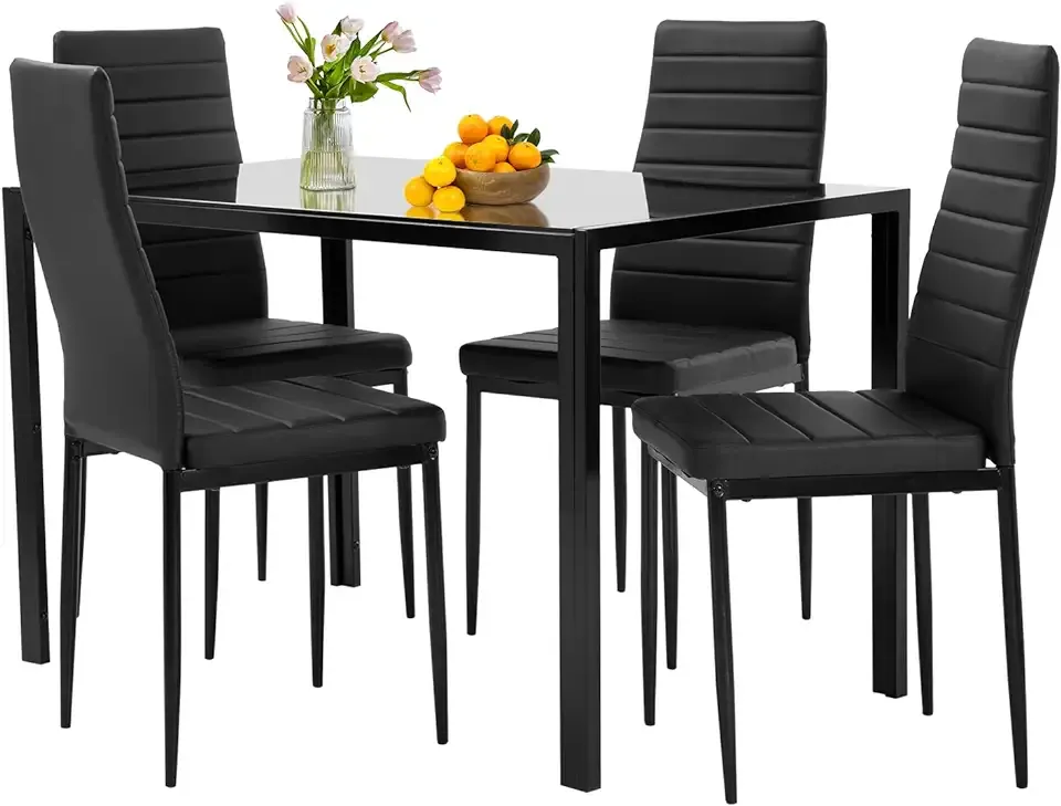 FDW | 5-Piece Dining Table Set | Black | Glass Kitchen Table | With 4 Upholstered Chairs and Faux Leather Cushions | Space-Saving and Modern Design | Easy to Assemble | for Dining Room