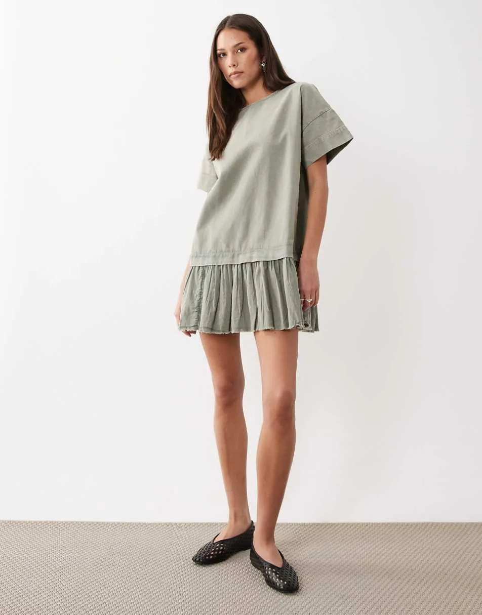 ASOS DESIGN hybrid t-shirt mini dress in washed olive