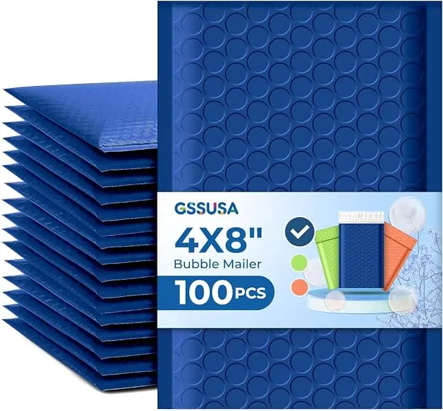 GSSUSA Blue Bubble Mailers 4x8 100 Pack, Self Seal Padded Envelopes | Usable Size 4x7, Waterproof, Opaque, #000, Mailing…