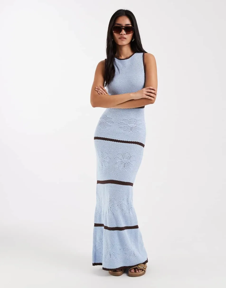 New Look flower stitch maxi dress in blue