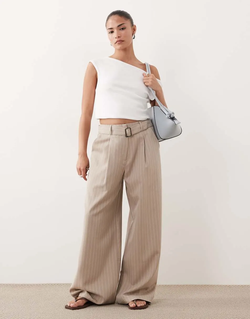 Miss Selfridge Petite tailored wide leg buckle trouser in camel pinstripe