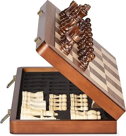 ELONGDI 15" Wooden Chess Set with Magnetic Pieces - Extra Queens - Folding Chessboard Portable Travel Tournament Chess Board Games for Adults Kids