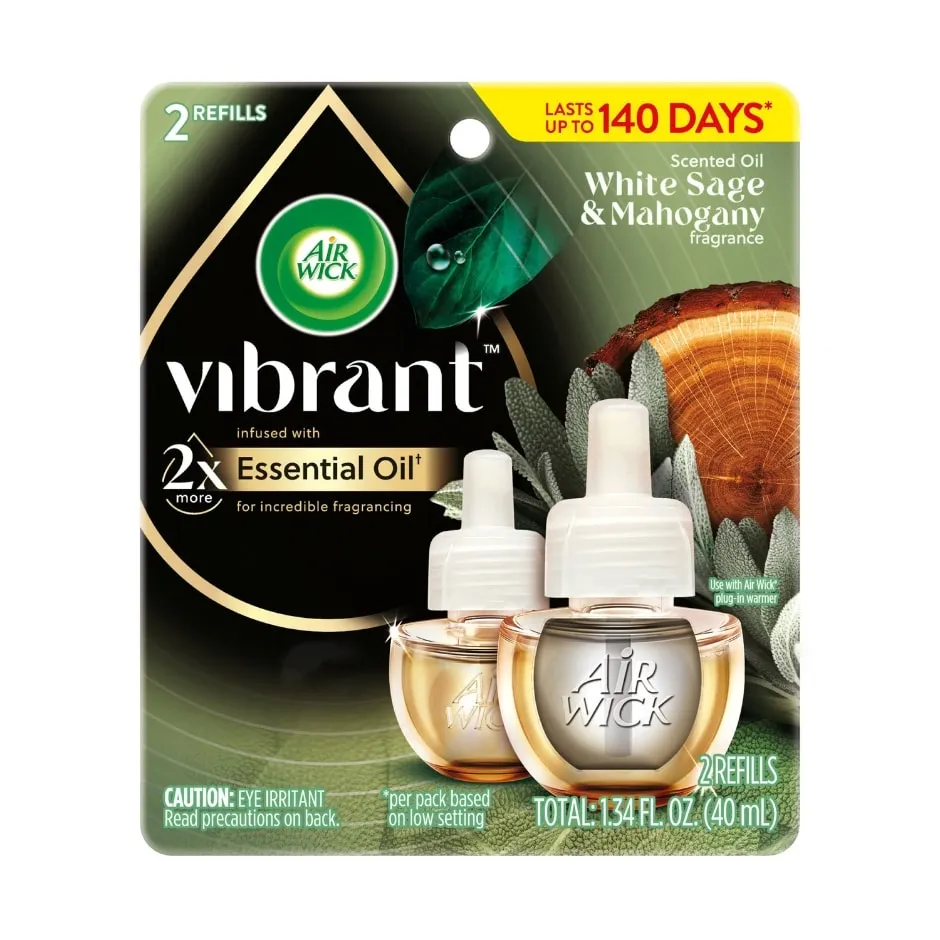 Air Wick Vibrant Plug In Scented Oil Refills White Sage and Mahogany, 2 pc Pack.