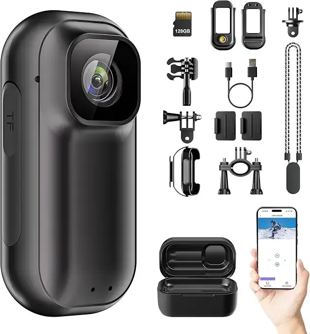 4K 128GB WiFi Thumb Action Camera, Mini Body Cam with 1.5" Screen | Portable Wearable POV Camera with Charging Case, Waterproof Magnetic Sport Cam for Cycling, Pet, Vlogging