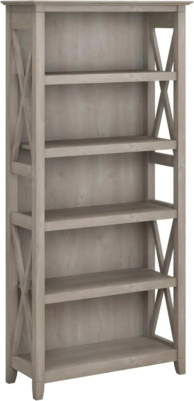 Bush Furniture Tall 5 Shelf Bookcase for Living Room or Home Office, Large Bookshelf, Modern Farmhouse Style, Key West Collection, Washed Gray