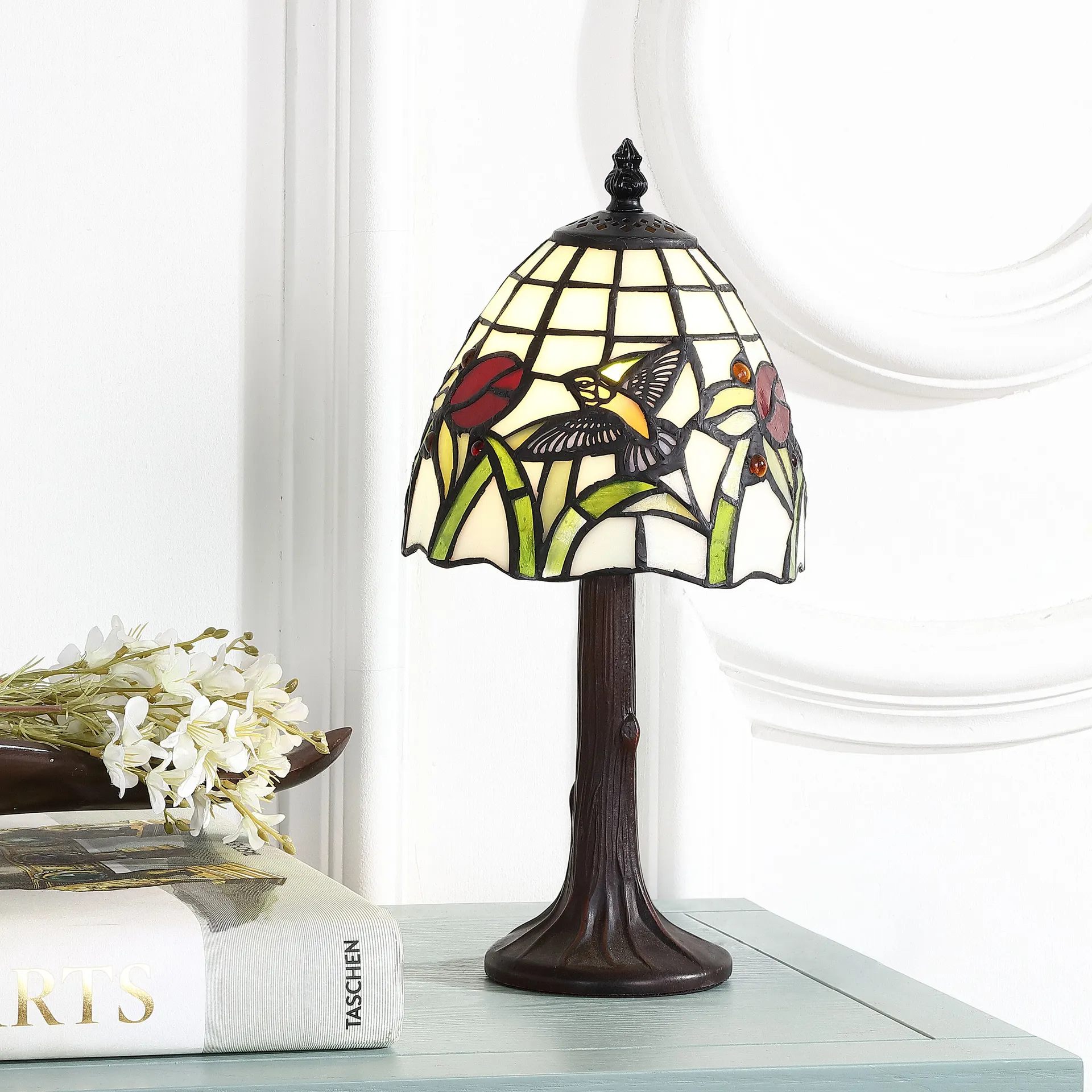 Hummingbird Tiffany-Style Stained Glass/Resin Traditional 12-in Multi LED Table Lamp with Glass Shade