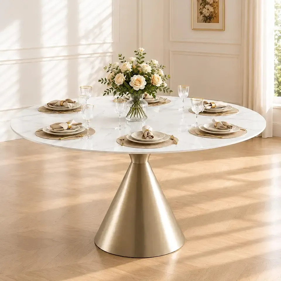 51" Round Dining Table for 4-6 with Champagne Gold Cone Base